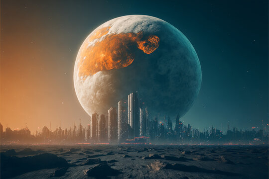 City On Futuristic Moon And Polluted Earth Plane Generative AI