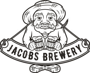 Old man with two pints of beer emblem logo bar menu