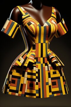 Dress in kente cloth style, concept of African Print and Colorful, created with Generative AI technology