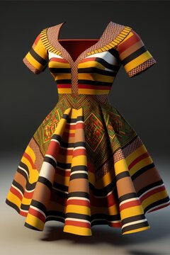 Dress in kente cloth style, concept of African Print and Colorful, created with Generative AI technology