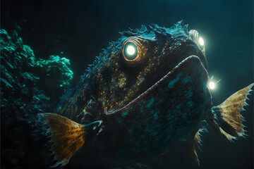 Fototapeta na wymiar Deep-sea monster with luminescent markings generative AI