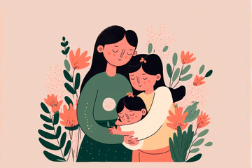 Mother's Day. Mother and daughter against a background of flowers. Minimal cartoon illustration, flat. Generative AI.