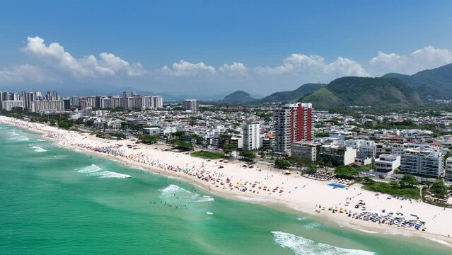 Pepe Beach At Barra Da Tijuca Rio De Janeiro Brazil. Seascape Maritime. Coast Sky City Seaside. Coast Outdoors City Beach Panning Wide.
