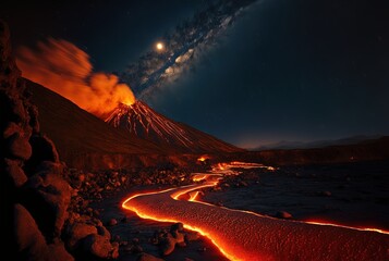 volcano  with lava river flow on ground at night time, Generative Ai
