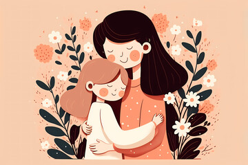 Mother's Day, Mother and daughter against a background of flowers cartoon illustration, flat. Generative AI.