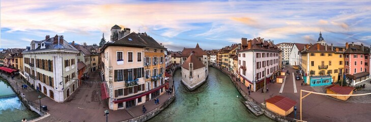Fototapeta na wymiar France travel and landmarks. Romantic beautiful old town of Annecy aerial drone view with medieval castle. Haute-Savoi region.