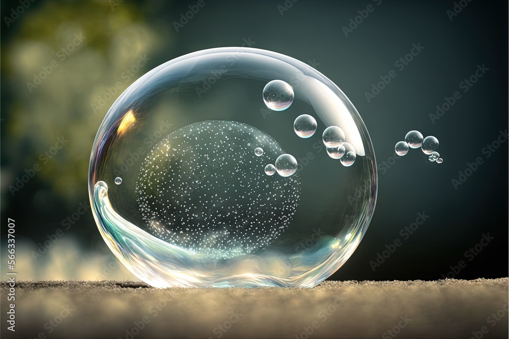 Poster a soap bubble with bubbles floating in it on a surface with a blurry background of trees and bushes 