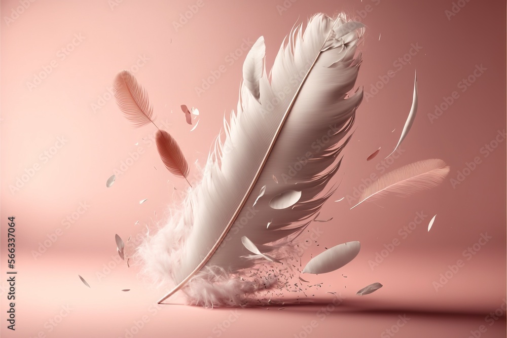 Poster a white feather is flying through the air with feathers scattered around it on a pink background wit