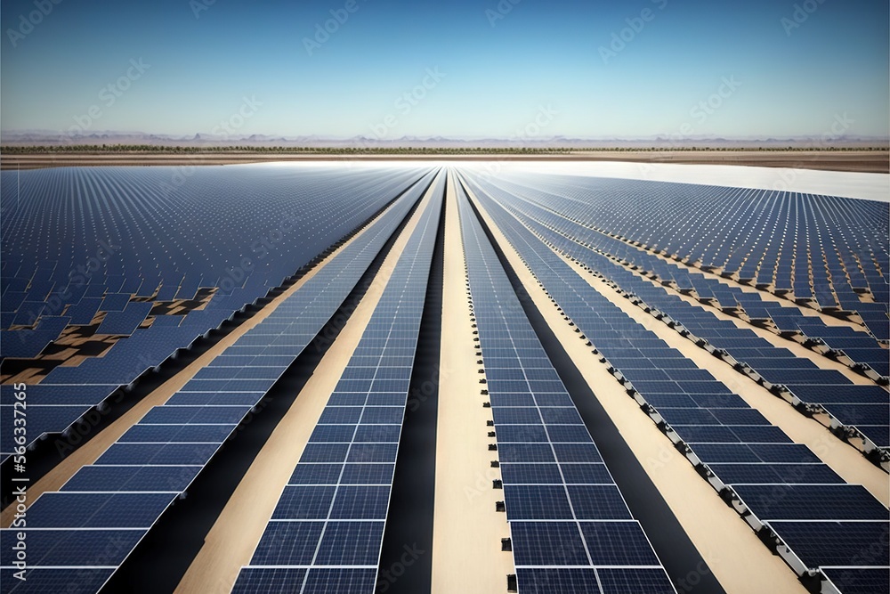 Aufkleber rows of solar panels in a large field with a blue sky in the background and a few cars parked in the