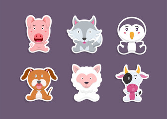Colorful set of cute farm animals and objects, vector stickers with domestic animals