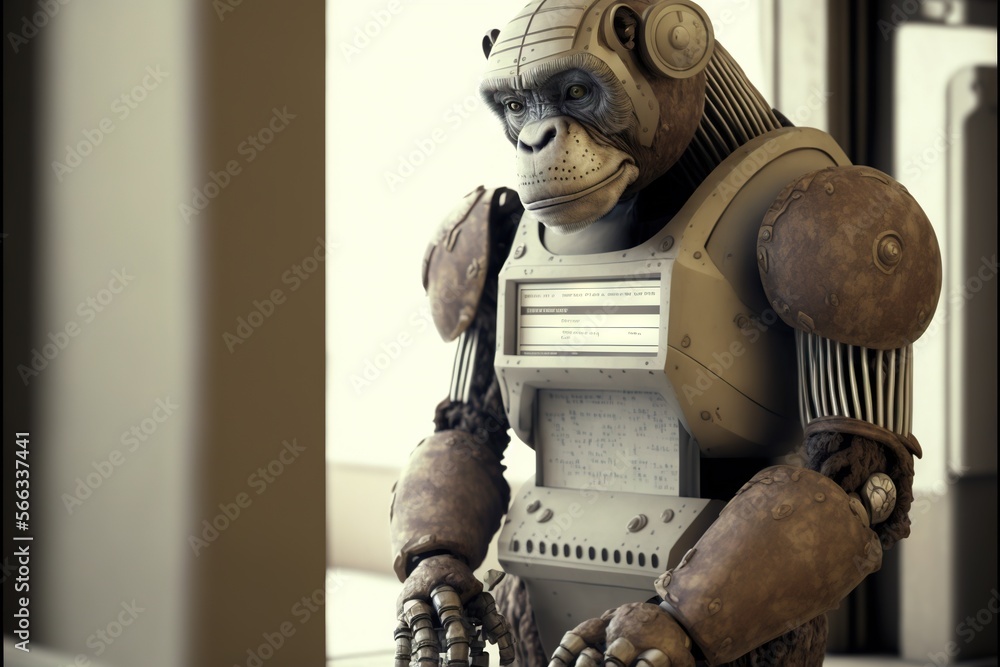 Poster a robot that is sitting on a table with a cell phone in his hand and a keyboard in his other hand an