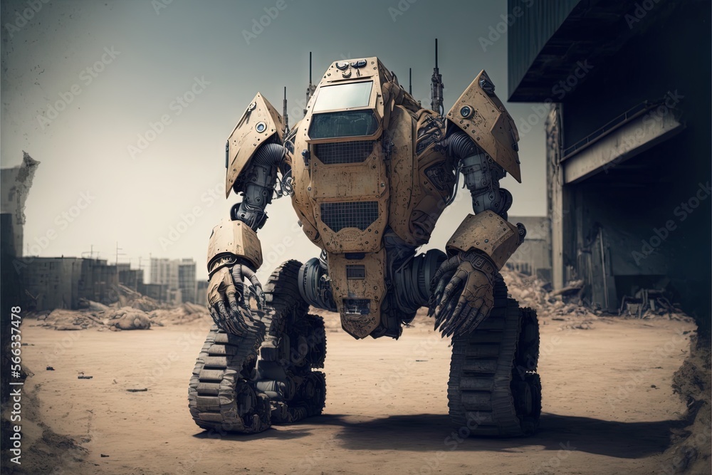 Poster a robot that is standing in the dirt with a building in the backgrouund and a building in the backgr