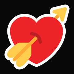 Heart with Arrow flat icon sticker design. Isolated heart valentine emoji  with an arrow through the center, like the arrow that cupid shoots for love sign label design.