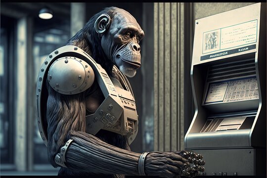  A Monkey Dressed In A Suit Of Armor And Holding A Machine With A Keyboard In Front Of It And A Ticket Machine In The Background.  Generative Ai