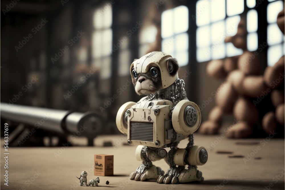 Poster a toy robot is standing next to a small robot toy and a small piece of wood on the floor in front of