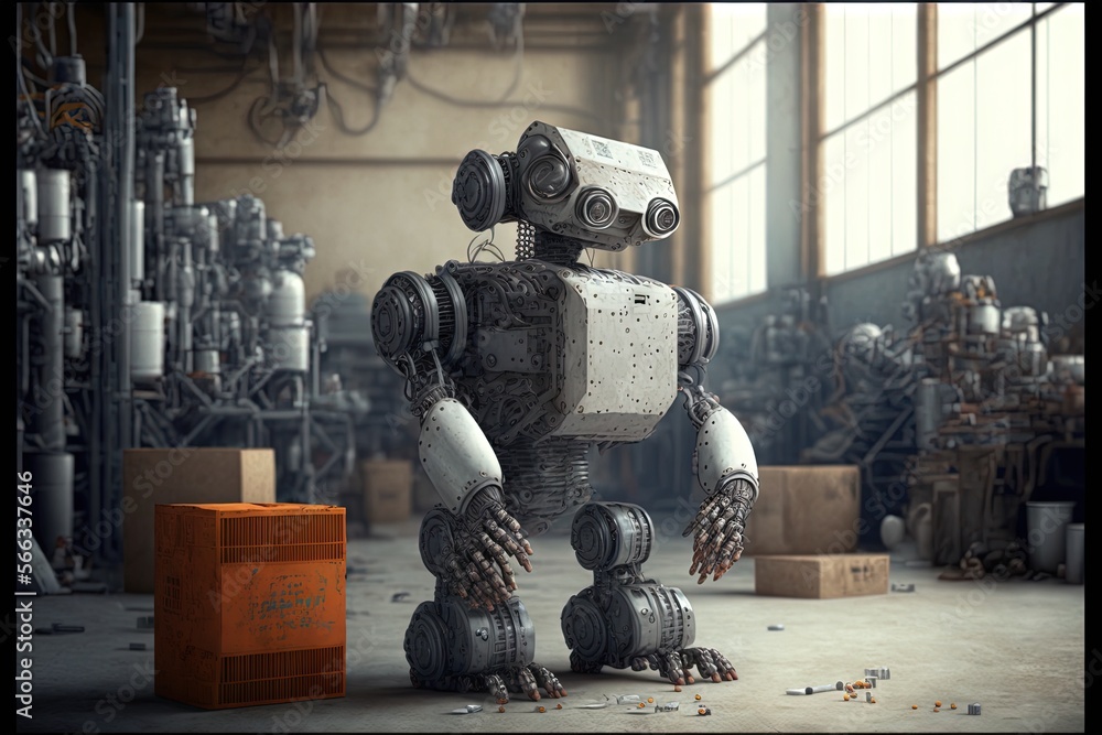 Poster a robot is standing in a warehouse with lots of machines in the background and a box in the foregrou
