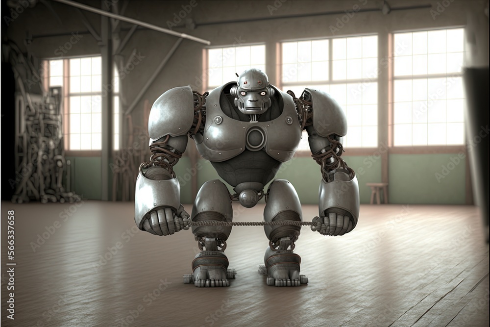 Poster a large robot standing on top of a hard wood floor in an industrial building with large windows and 