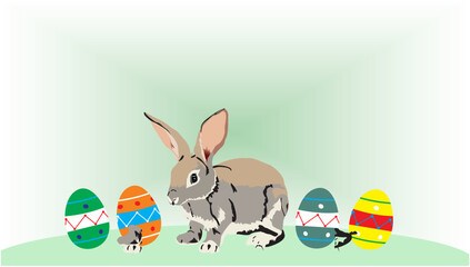 Easter bunny with eggs and green background