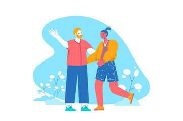 Happy people blue concept with people scene in the flat cartoon style. Young couple happily walks through the streets of the city.
