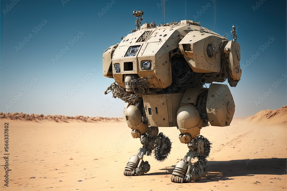 Poster a robot in the desert on a sunny day with a blue sky in the background of the image is a sand dune. 