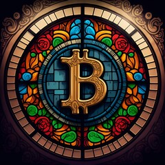 bitcoin logo on the huge stained glass. Visualisation of crypto technology