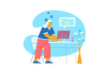 Programming blue concept with people scene in the flat cartoon design. Girl in the office is trying to fix the computer.