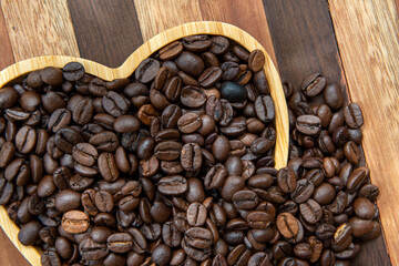 coffee beans in heart-shaped tra,y representing love of coffee