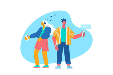 Blue concept People use gadgets with people scene in the flat cartoon style. Guy checks phone updates while the girl listens to music in headphones.