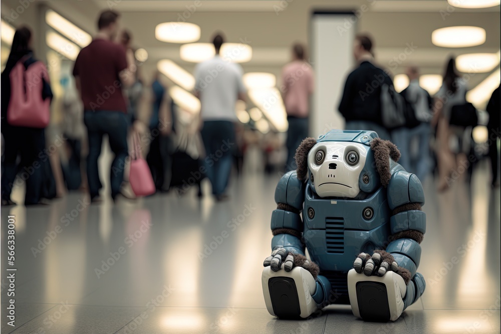 Poster a robot toy sitting on the floor in a crowded area of a building with people in the background and l