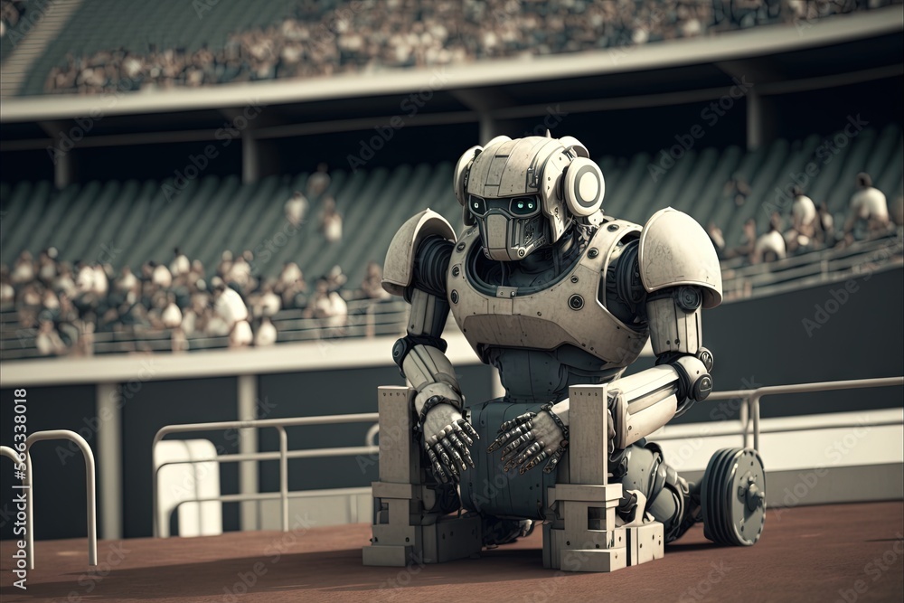 Poster a robot sitting on a chair in front of a crowd of people in a stadium filled with people in the blea