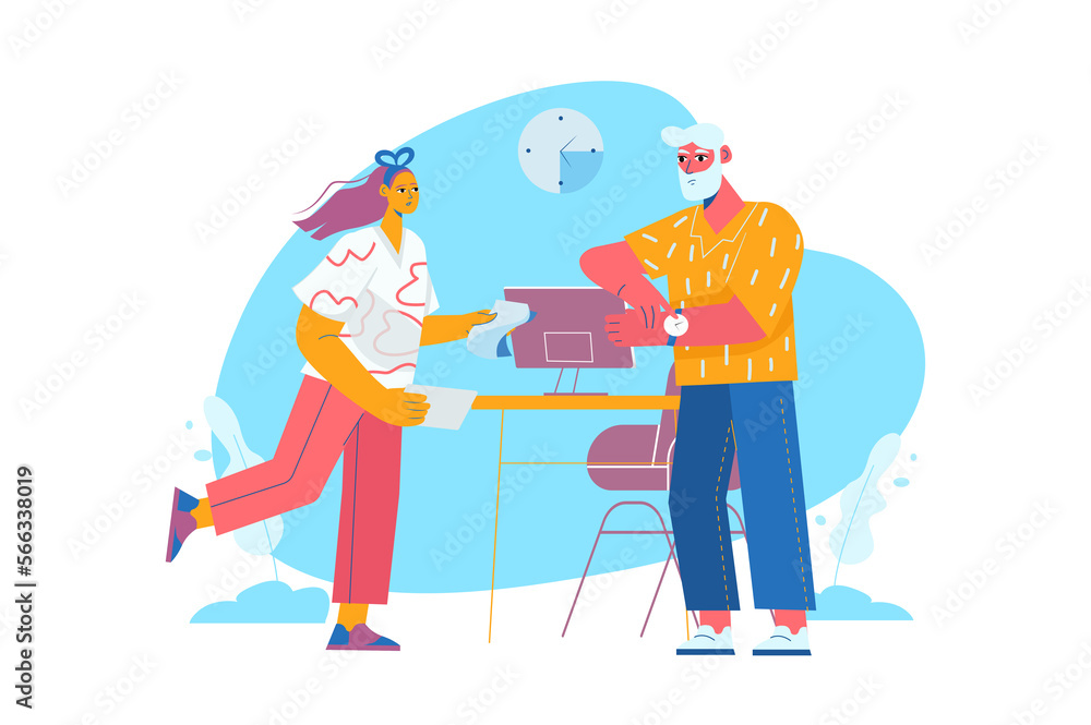 Poster deadline blue concept with people scene in the flat cartoon style. manager asks the employee to spee