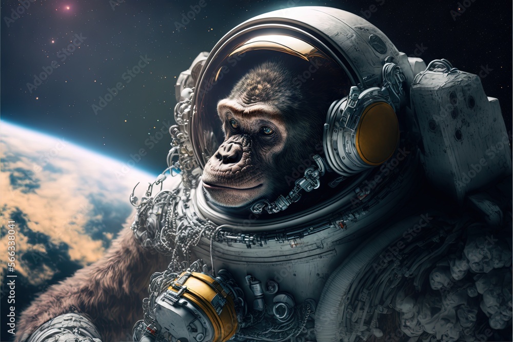 Poster a monkey in a space suit with a helmet on and a planet in the background with stars and a bright lig