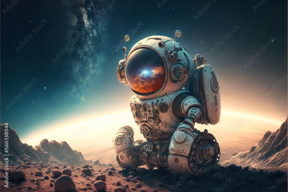 Poster a robot sitting on a rocky surface in front of a space station with a planet in the background and a