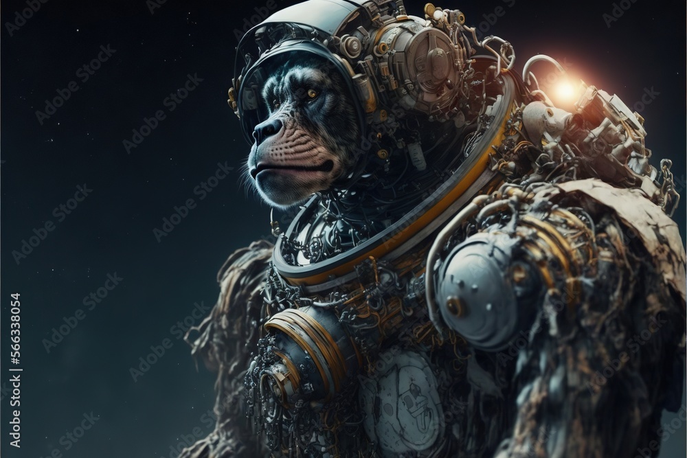 Poster a monkey in a space suit with a light on its head and a helmet on its head, standing in front of a d