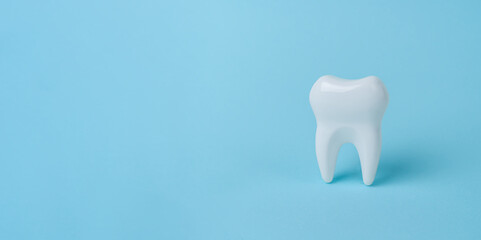 White tooth on blue background with copy space. Dental health concept. Dentist day, National False Teeth Day, Stomatology Day.