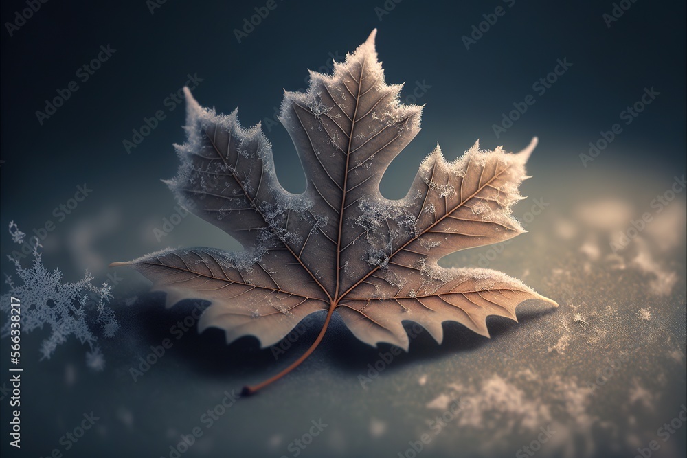Poster  a leaf with frost on it laying on the ground in front of snow flakes and snow flakes on the ground and on the ground.  generative ai