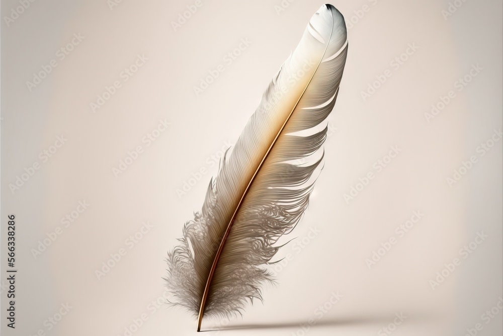 Poster a white feather with a brown tip on a beige background with a shadow of the feather on the left side