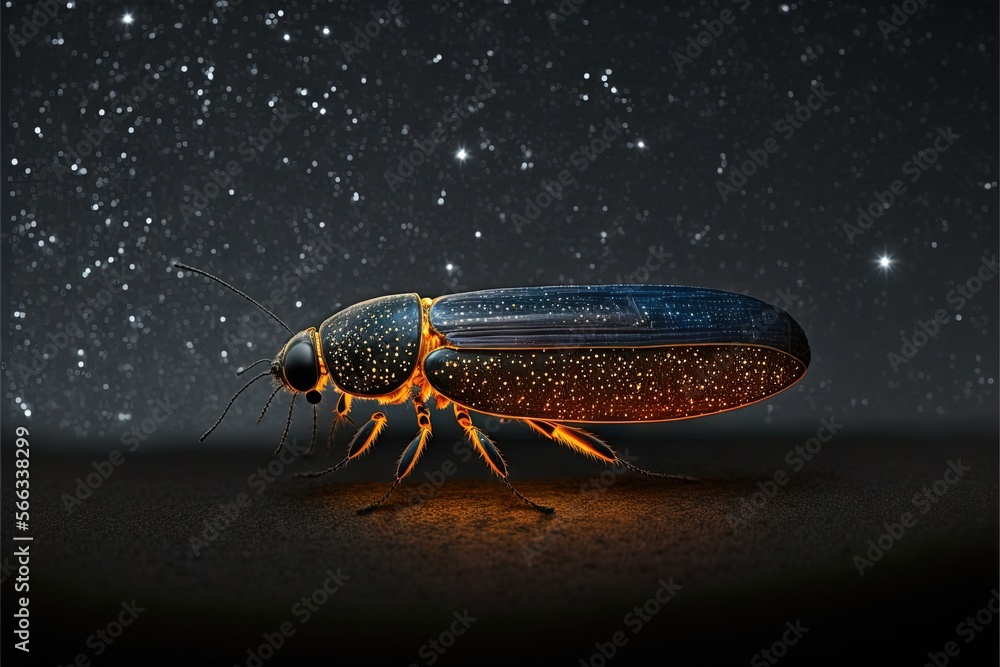 Poster a close up of a bug on a dark surface with stars in the sky in the background and a black background
