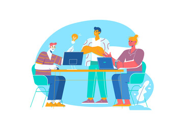 Teamwork blue concept with people scene in the flat cartoon design. Three friends work together in the office.