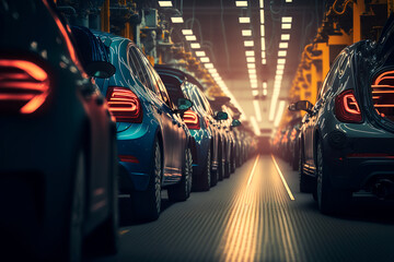 Cars on a production line in a factory.