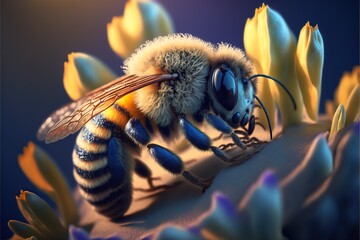 Close-up of a heavily loaded bee on a flower on a sunny meadow, macro ,Generative AI