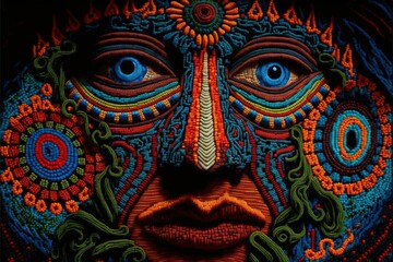 Human face in huichol yarn painting style, concept of Folk Art and Indigenous Art, created with Generative AI technology