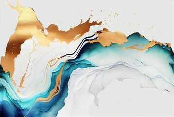 Gold and turquoise marbling abstract background, waves and splashes, imitation of watercolor paint and paper texture created with Generative AI technology