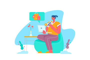 Blue concept Online shopping with people scene in the flat cartoon style. Woman chooses products in an online store while sitting at home.