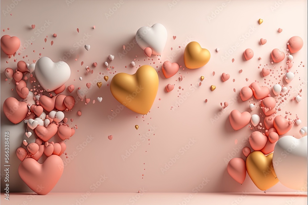 Poster  a 3D rendering of pink and gold hearts on a pink background The hearts are arranged in a symmetrical pattern and appear to be floating in the air The background i
