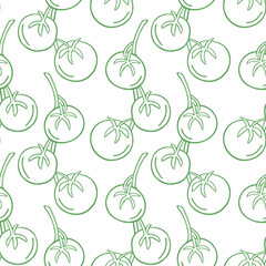 Seamless pattern with tomatoes on a twig in the style of a doodle. Vector image.