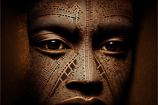 Human face in kuba cloth style, concept of African Art and Textile Design, created with Generative AI technology