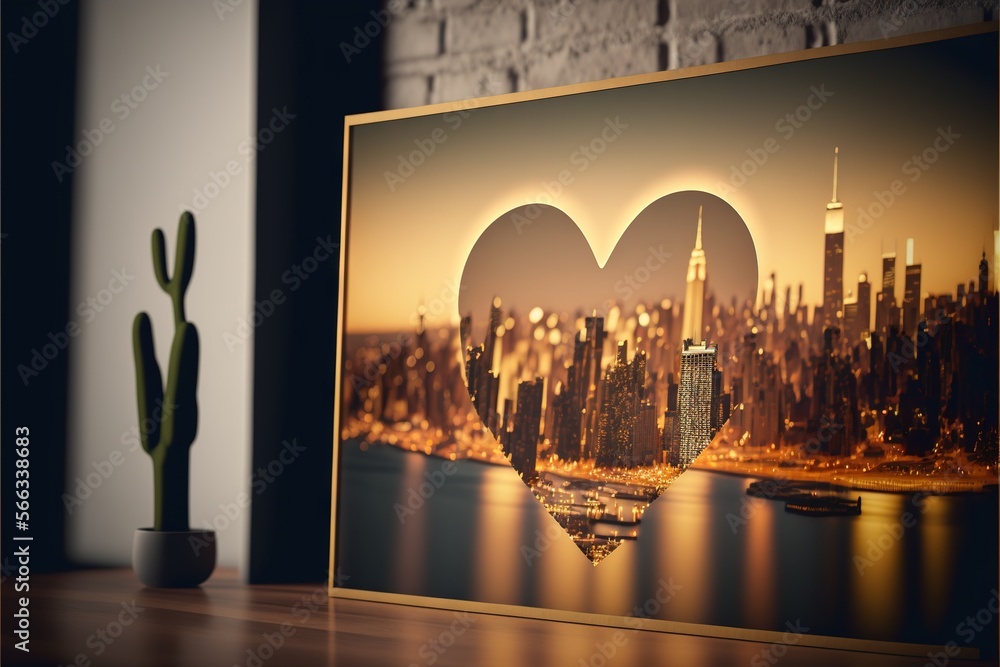 Poster a picture of a city skyline with a heart in the middle of the picture and a cactus in front of it on