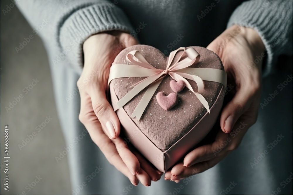 Aufkleber a person holding a heart shaped box with a bow on it's ribbon and a heart shaped box with a bow on i