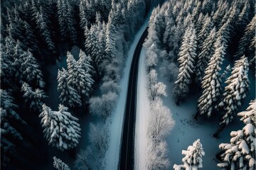 Aerial view of winter landscape with road